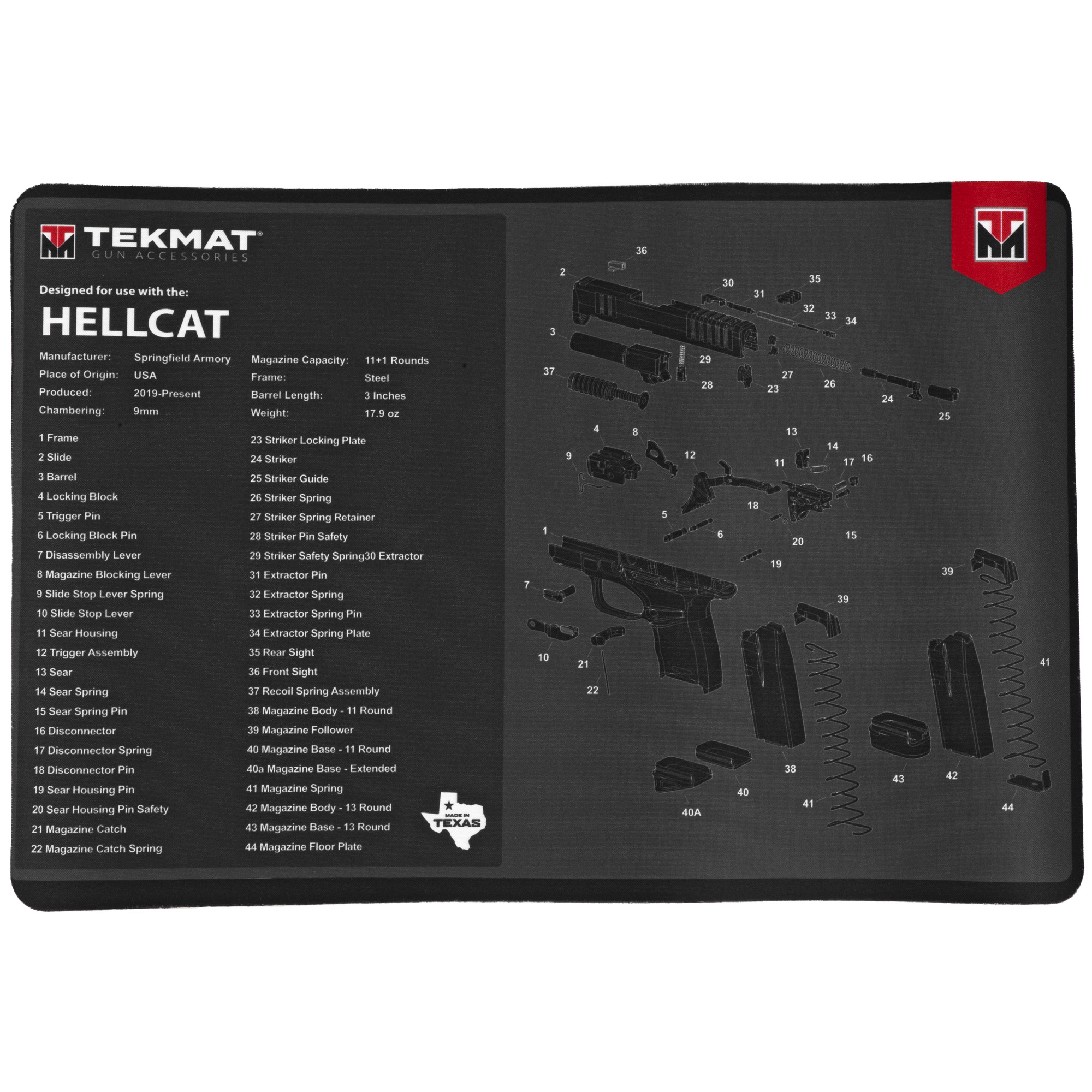 TekMat TEKR17HELLCAT Springfield Armory Hellcat Cleaning Mat Gray/White Rubber 11”x17” Springfield Hellcat Parts Diagram