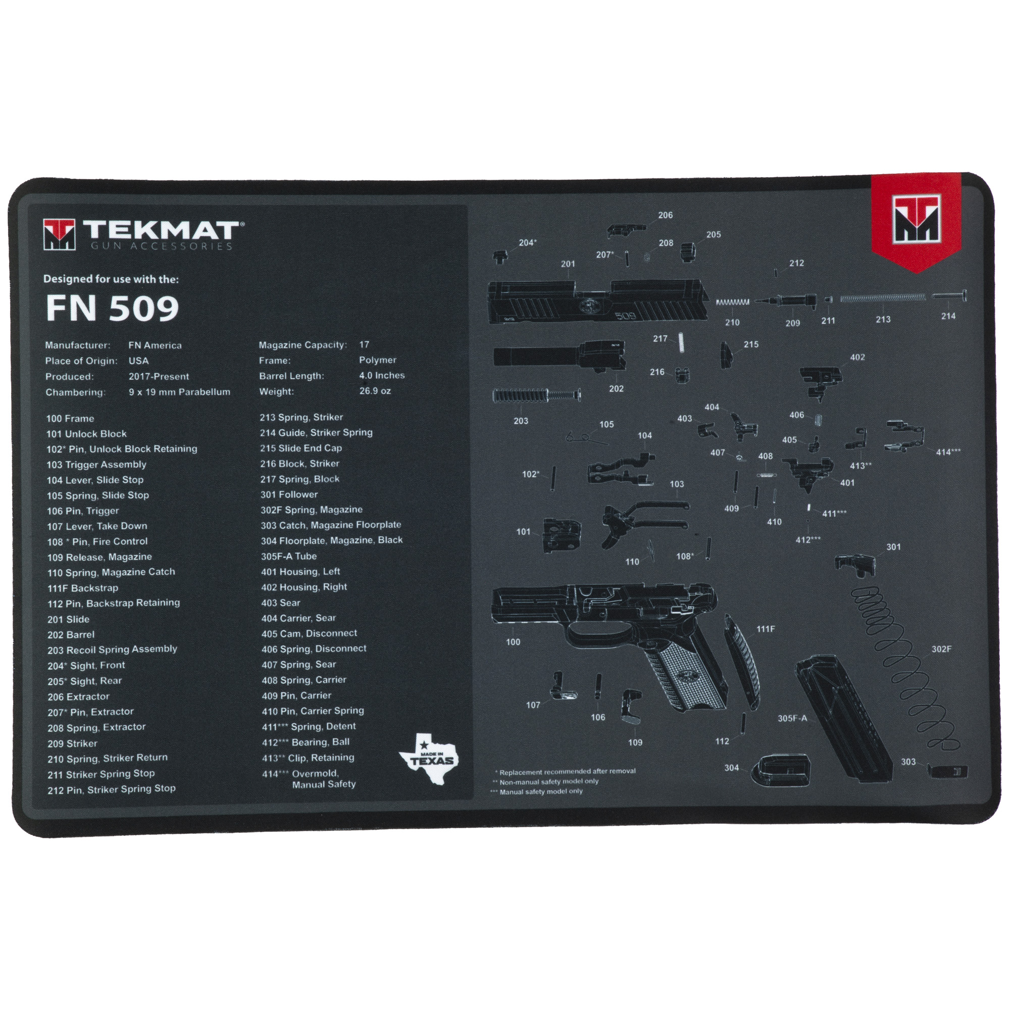 TekMat TEKR17FN509 FN 509 Cleaning Mat Black/Gray Rubber 11”x17” FN 509 Parts Diagram