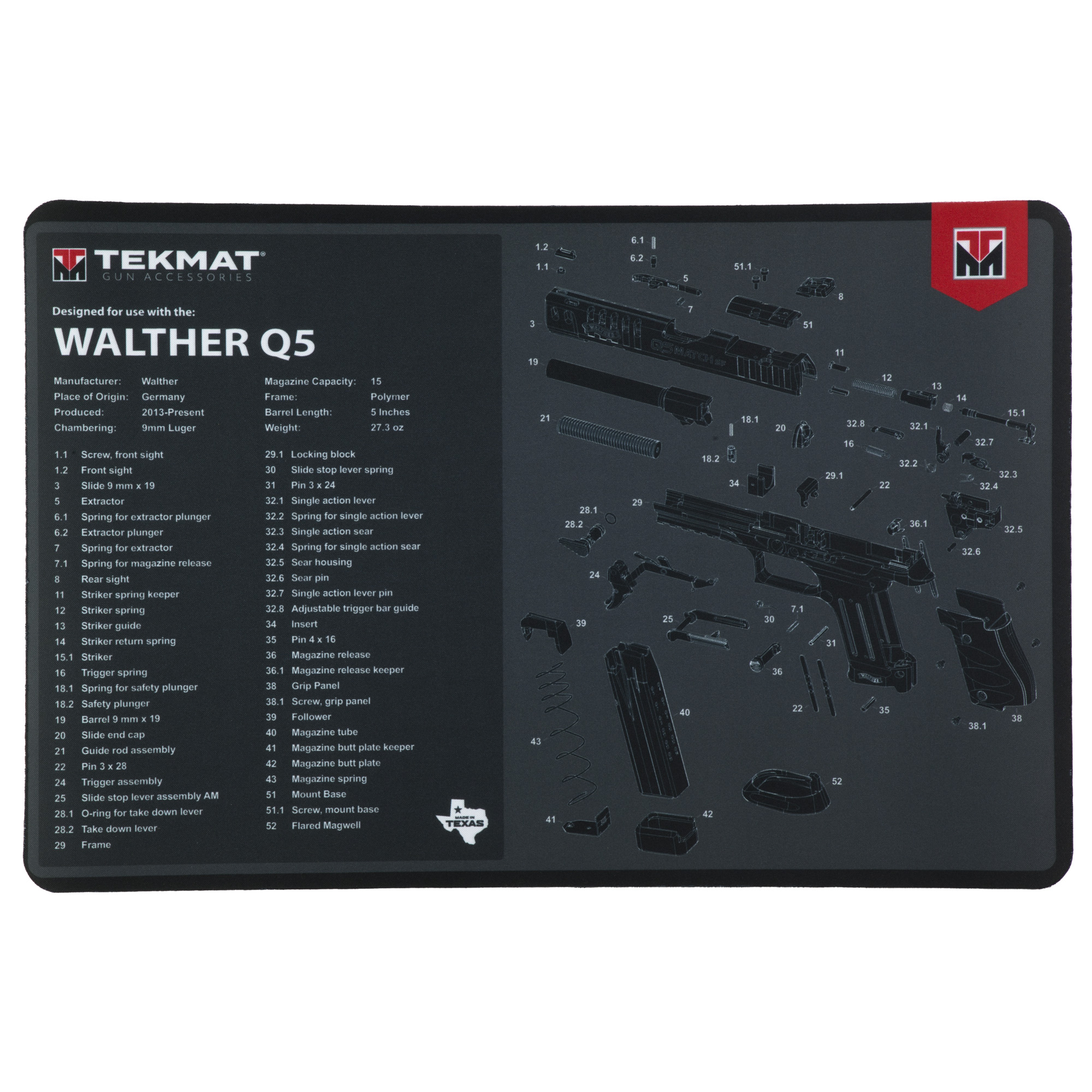 TekMat TEKR17WALQ5SF Walther Q5 SF Cleaning Mat Black/Gray Rubber 11”x17” Walther Q5 Parts Diagram