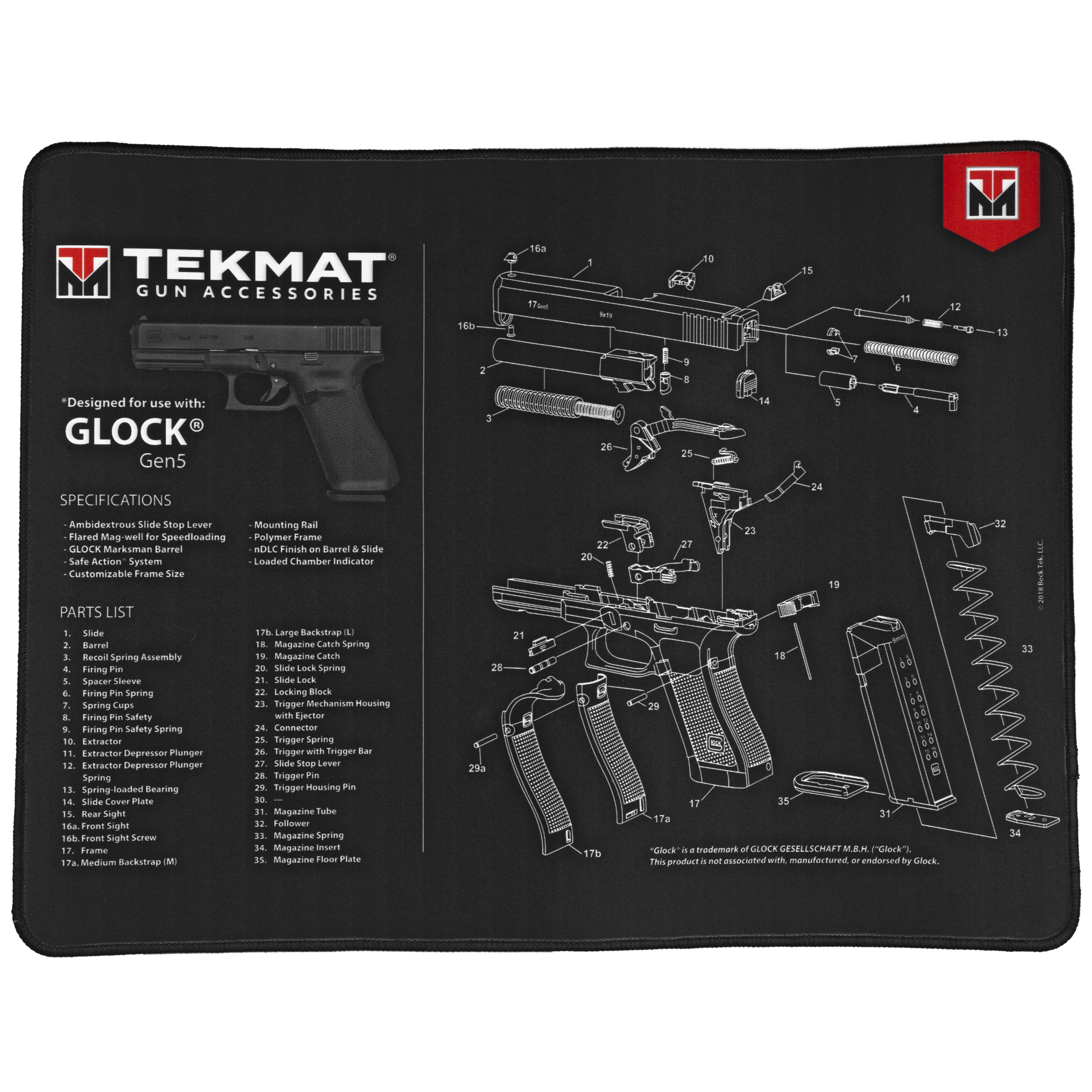 TekMat TEKR20GLOCK-G5 Glock Gen 5 Ultra 20 Cleaning Mat Multi-Color Rubber 15”x20” Glock Gen5 Parts Diagram