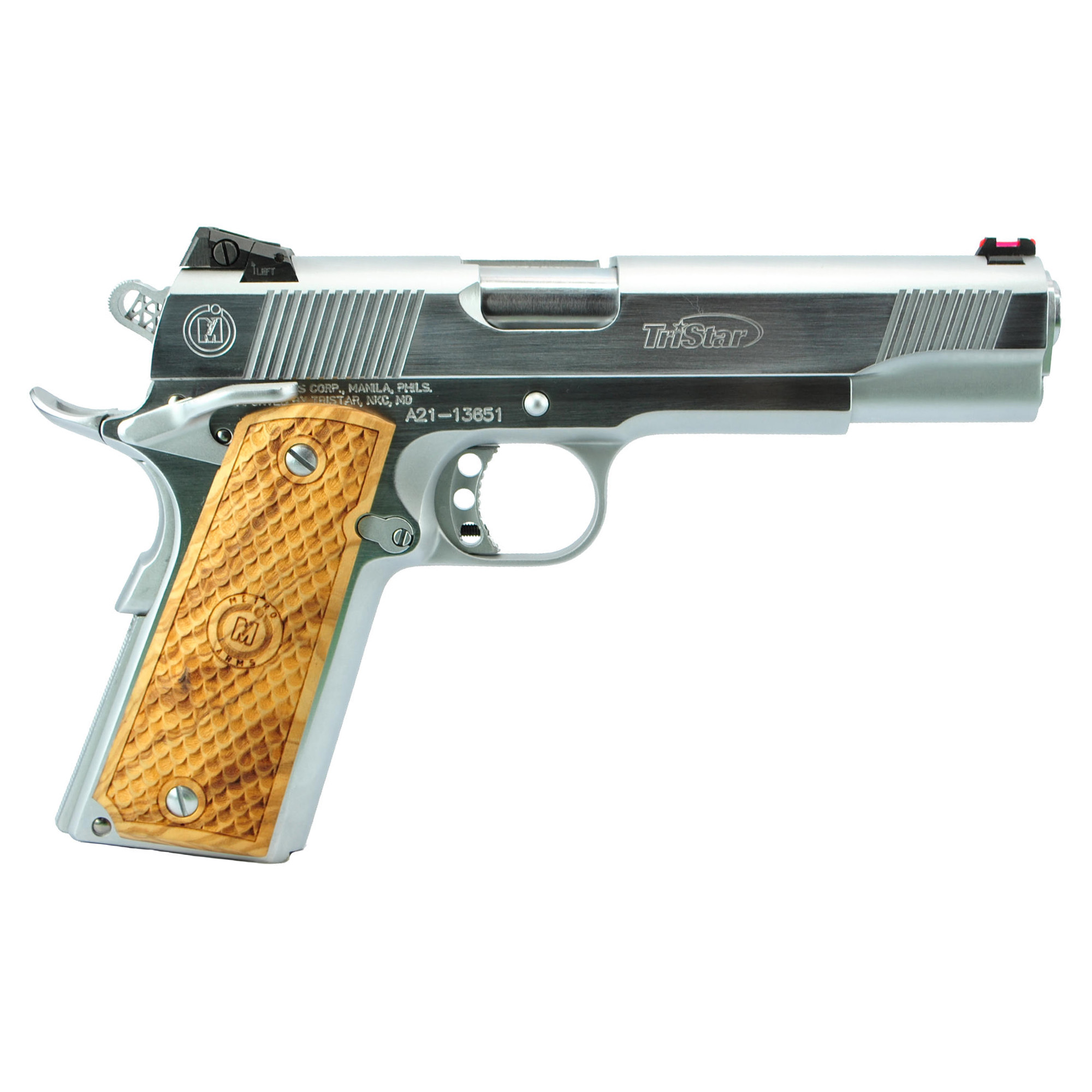 TriStar 85635 American Classic Trophy 1911 45 ACP Caliber with 5” Barrel, 8+1 Capacity, Overall Chrome Finish Steel, Beavertail Frame, Serrated Slide & Wood Grip