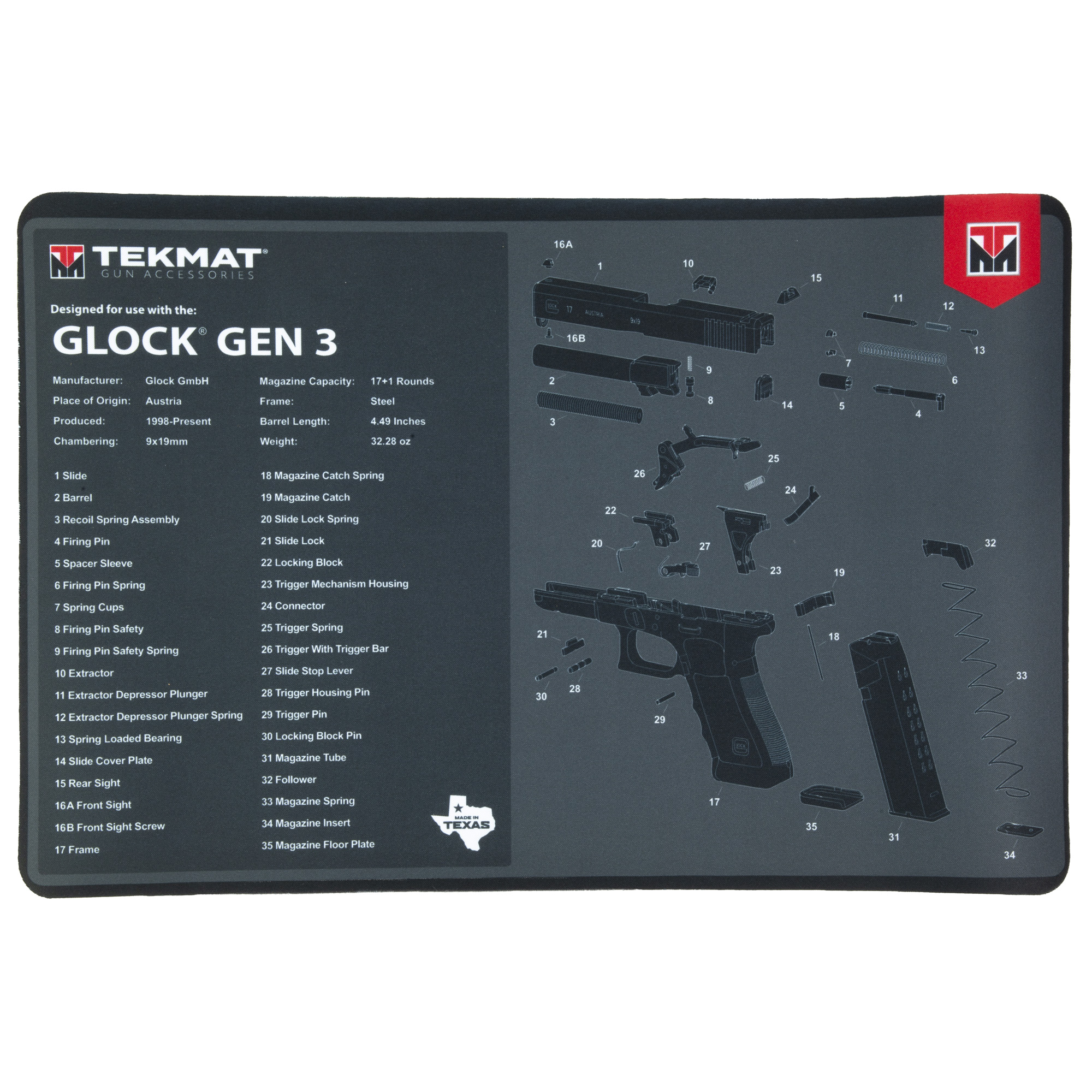 TekMat TEKR17GLOCKG3 Glock Gen 3 Black/White Rubber 11”x17” Glock Gen3 Parts Diagram