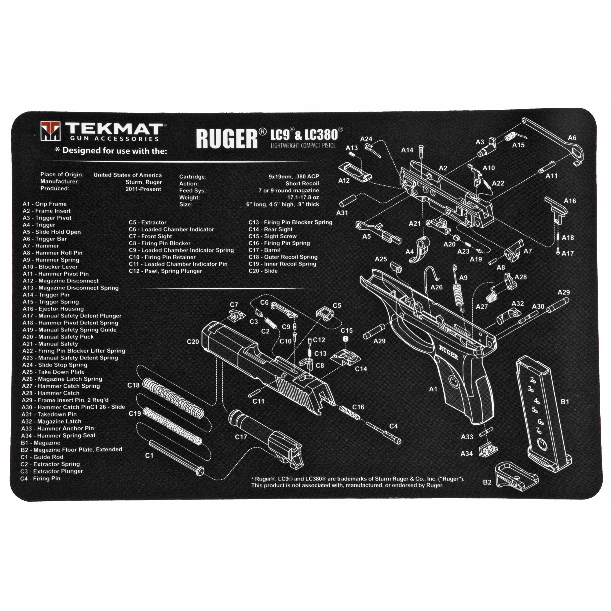 TekMat TEKR17RUGERLC9 Ruger LC9 Cleaning Mat Black/White Rubber 17” Long Ruger LC9 Parts Diagram