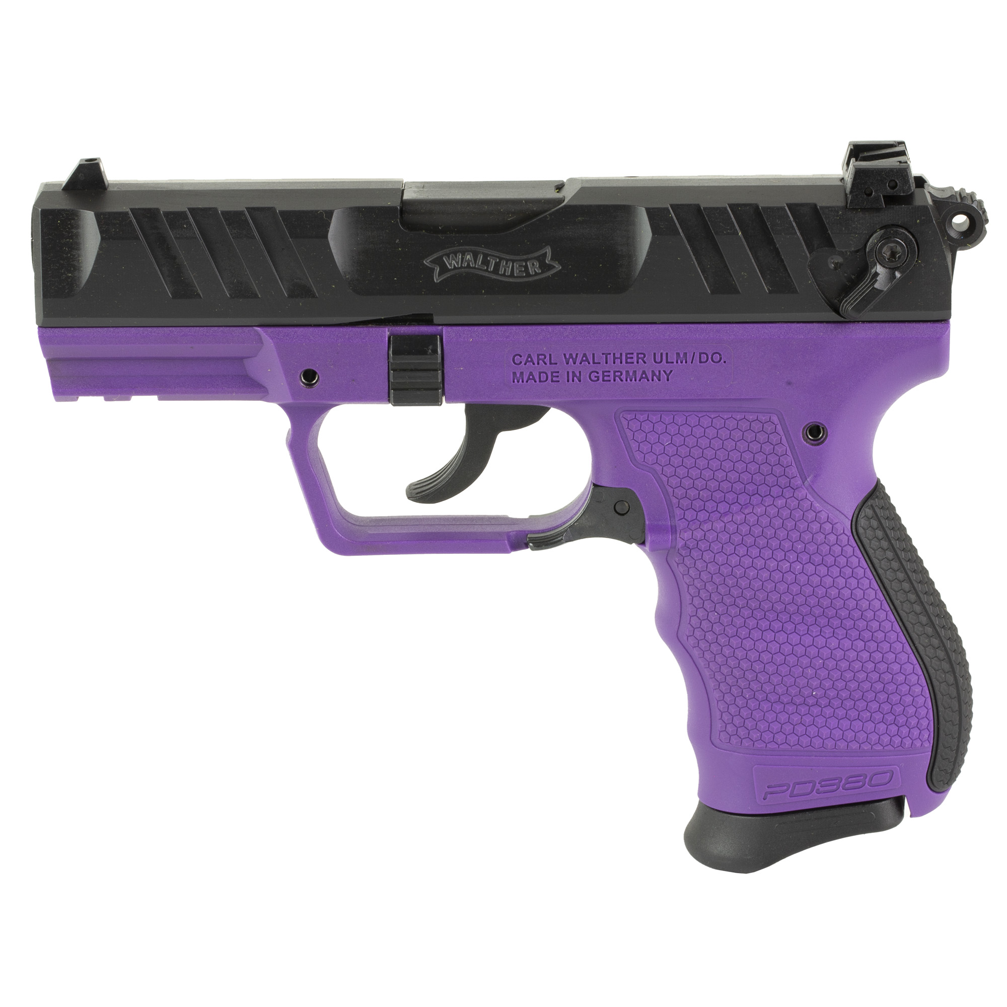 Walther Arms 5050511 PD380 Carry Frame 380 ACP 9+1 3.70” Black Stainless Steel Barrel, Purple Polymer Frame w/Picatinny Rail, Textured Wraparound Grip