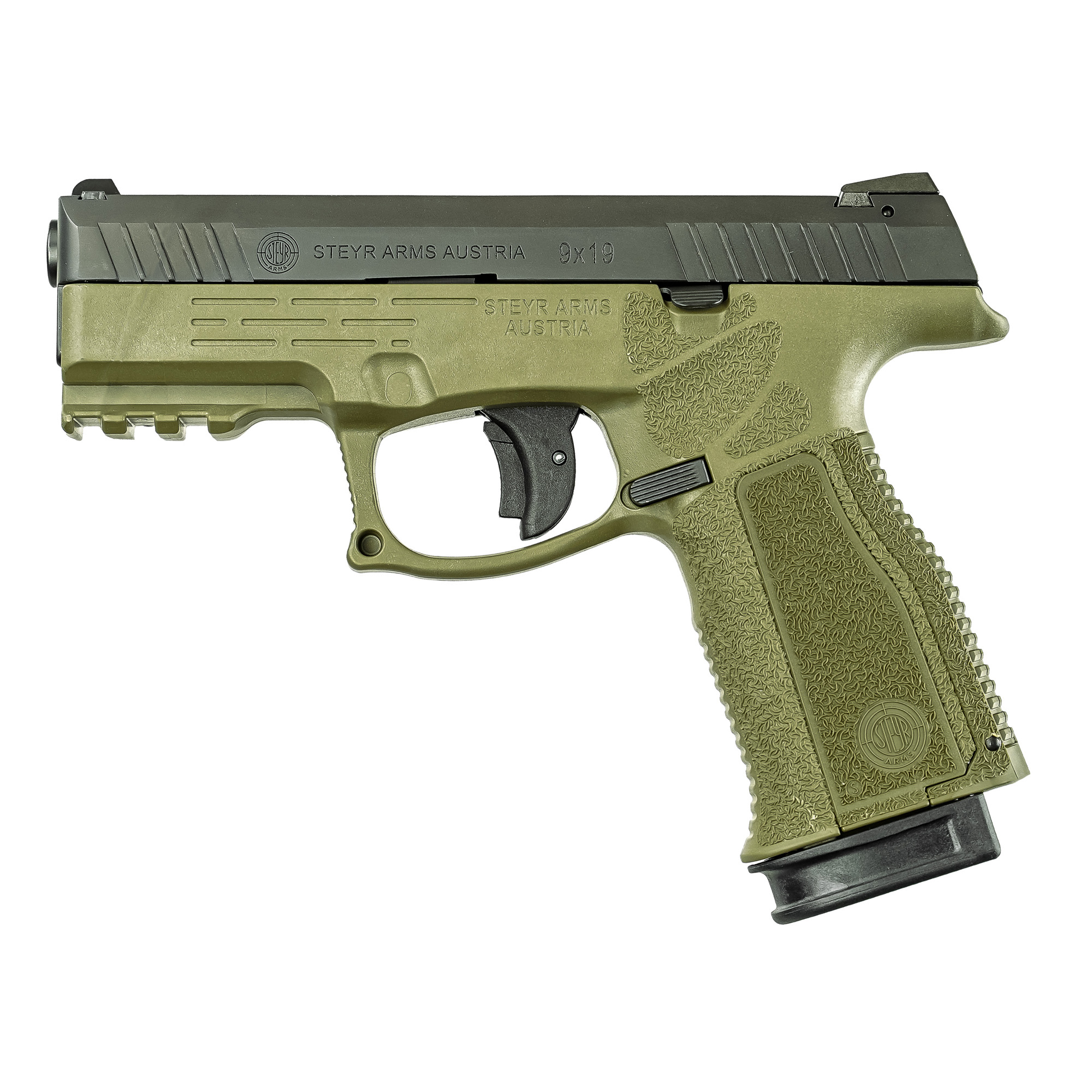 Steyr Arms 782252H0 M9-A2 MF 9mm Luger 17+1 4”, Black Serrated Slide, OD Green Polymer Frame w/Picatinny Rail, OD Green Interchangeable Backstrap Grips