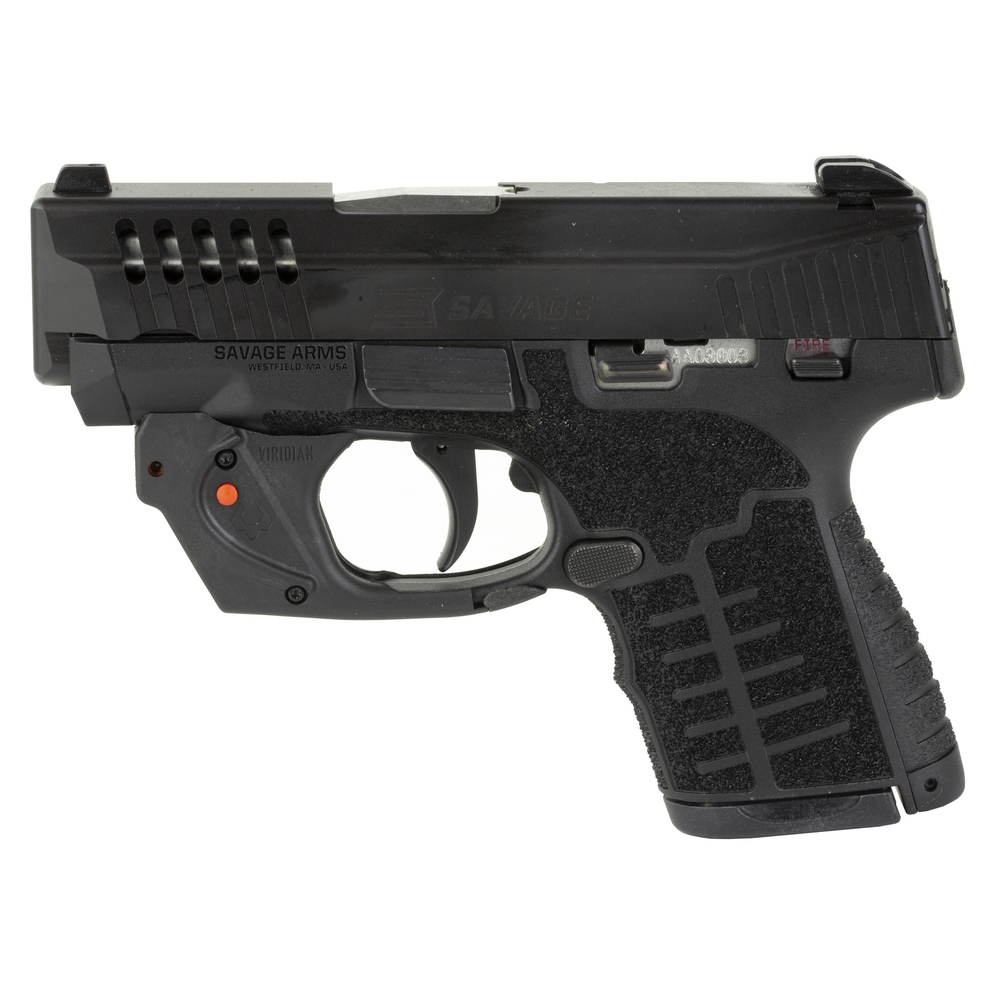 Savage Arms 67016 Stance 9mm Luger 3.20” 7+1/8+1, Black Polymer Frame, Serrated/Ported Black Nitride Slide, Interchangeable Backstraps, Manual Safety, Viridian E-Series Red Laser
