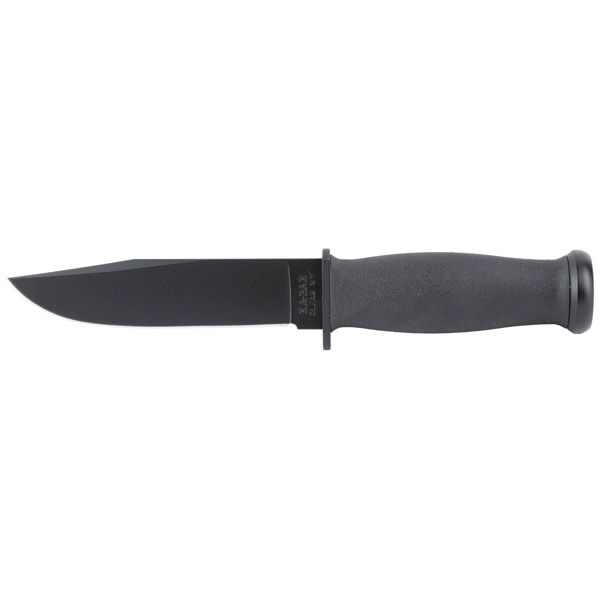 Ka-Bar 2221 Mark I 5.13” Fixed Clip Point Plain Black 1095 Cro-Van Blade, Black Kraton G Handle, Includes Sheath