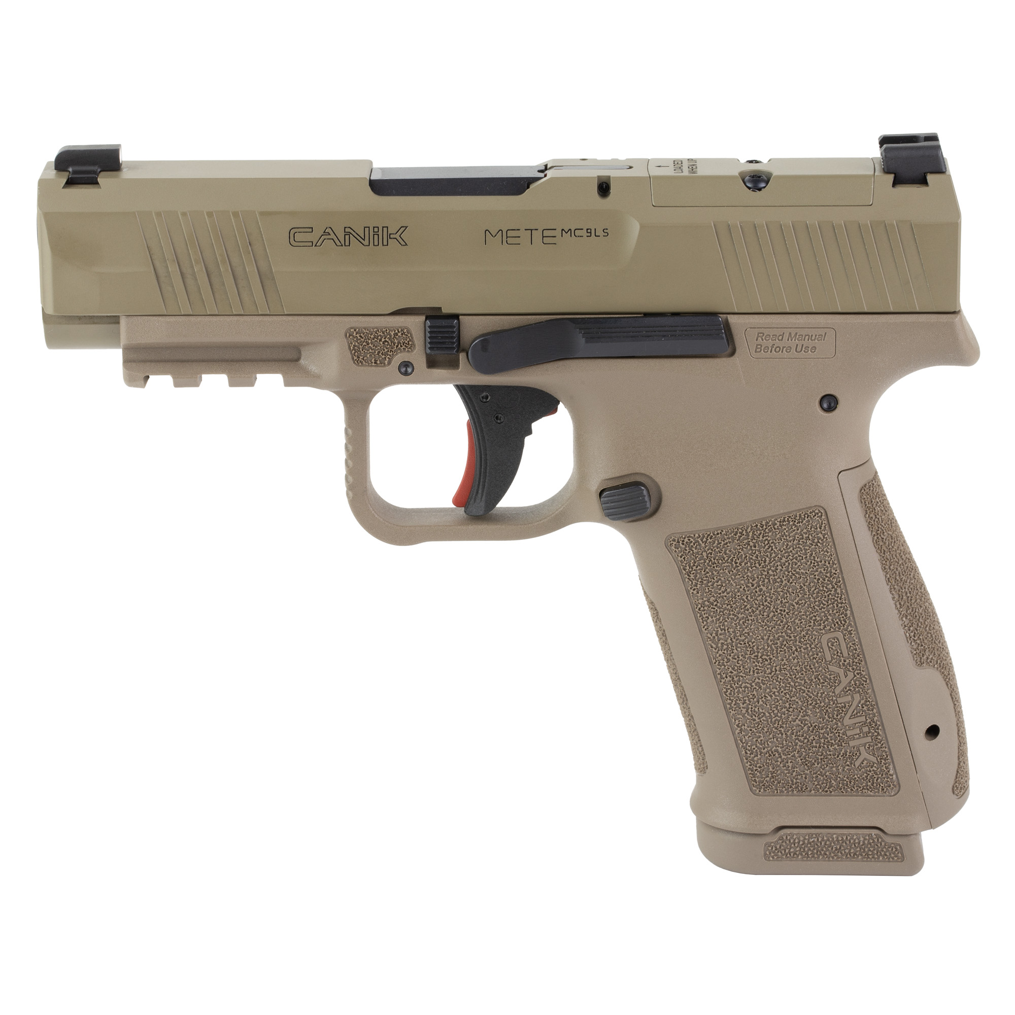 Canik HG7885CAD-N Mete MC9LS *CA Compliant 9mm Luger 10+1 3.63” Black Steel Barrel, Desert Cerakote Steel Serrated Slide, Flat Dark Earth Polymer Frame w/Picatinny Rail, Interchangeable Backstrap Grip
