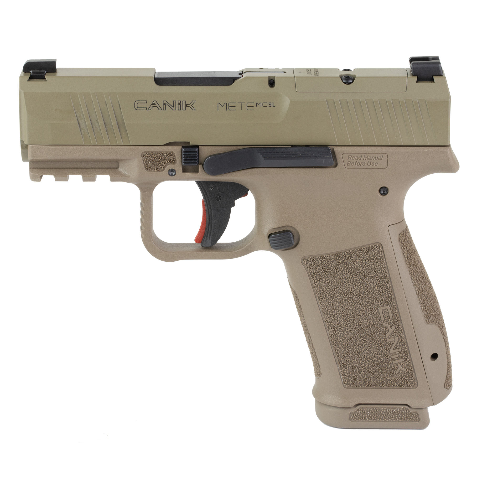 Canik HG7884CAD-N Mete MC9L *CA Compliant 9mm Luger 10+1 3.18” Black Steel Barrel, Desert Cerakote Steel Serrated Slide, Flat Dark Earth Polymer Frame w/Picatinny Rail, Interchangeable Backstrap Grip