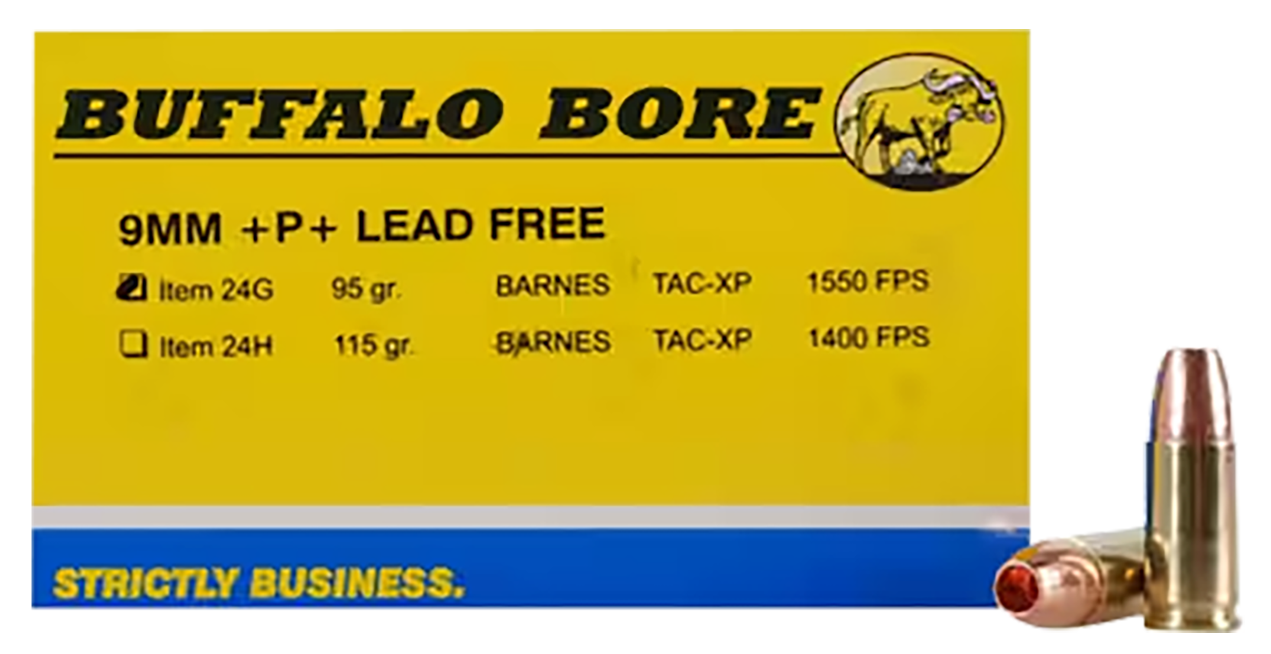 Buffalo Bore Ammunition Buffalo-Barnes Strictly Business 9mm Luger +P+ 95gr Barnes TAC-XP Lead Free 20rd Box - Box or Case
