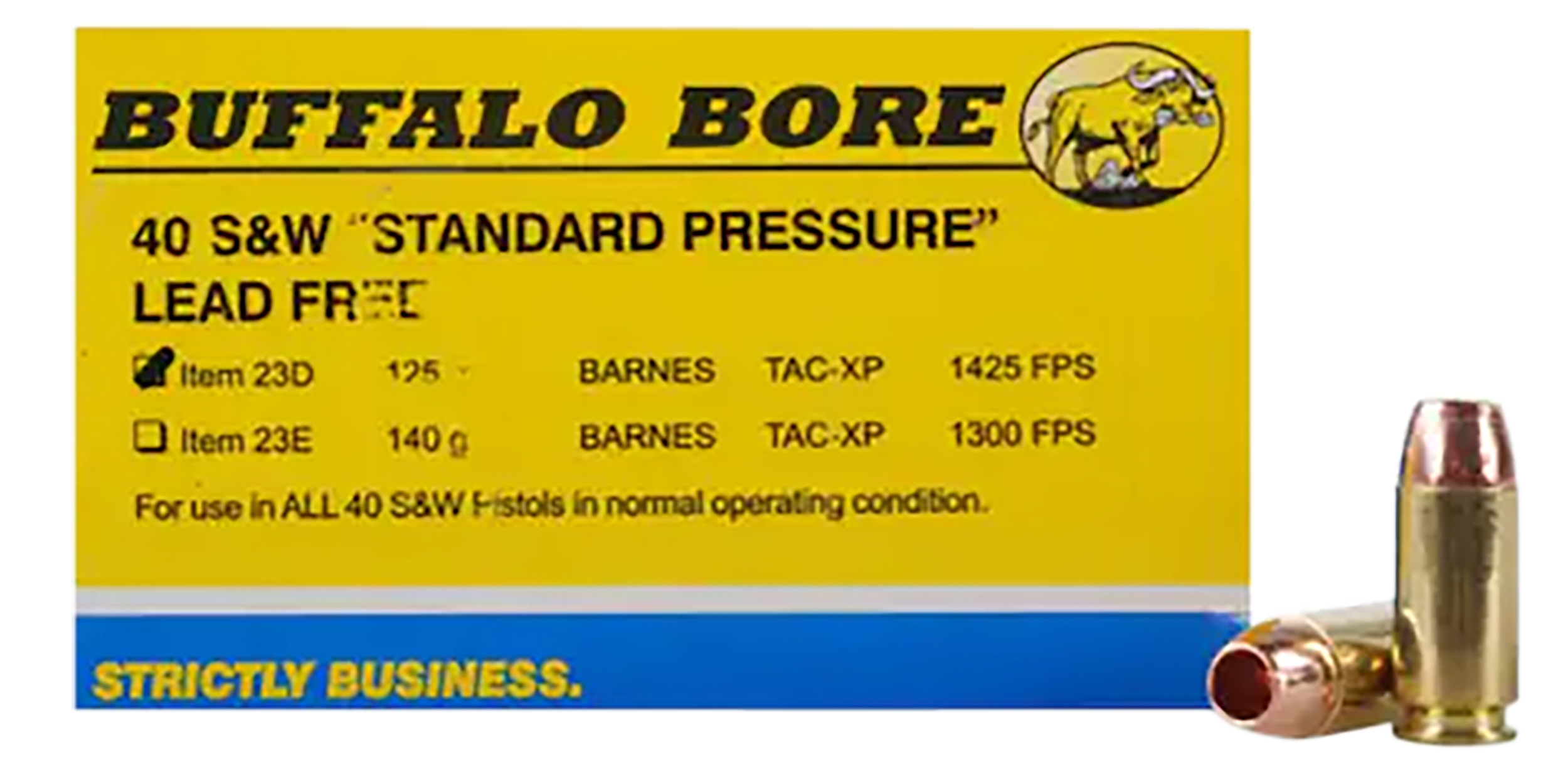 Buffalo Bore Ammunition 23D20 Strictly Business Standard Pressure 40 S&W 125gr Barnes TAC-XP Lead Free 20 Rd Box - Box or Case