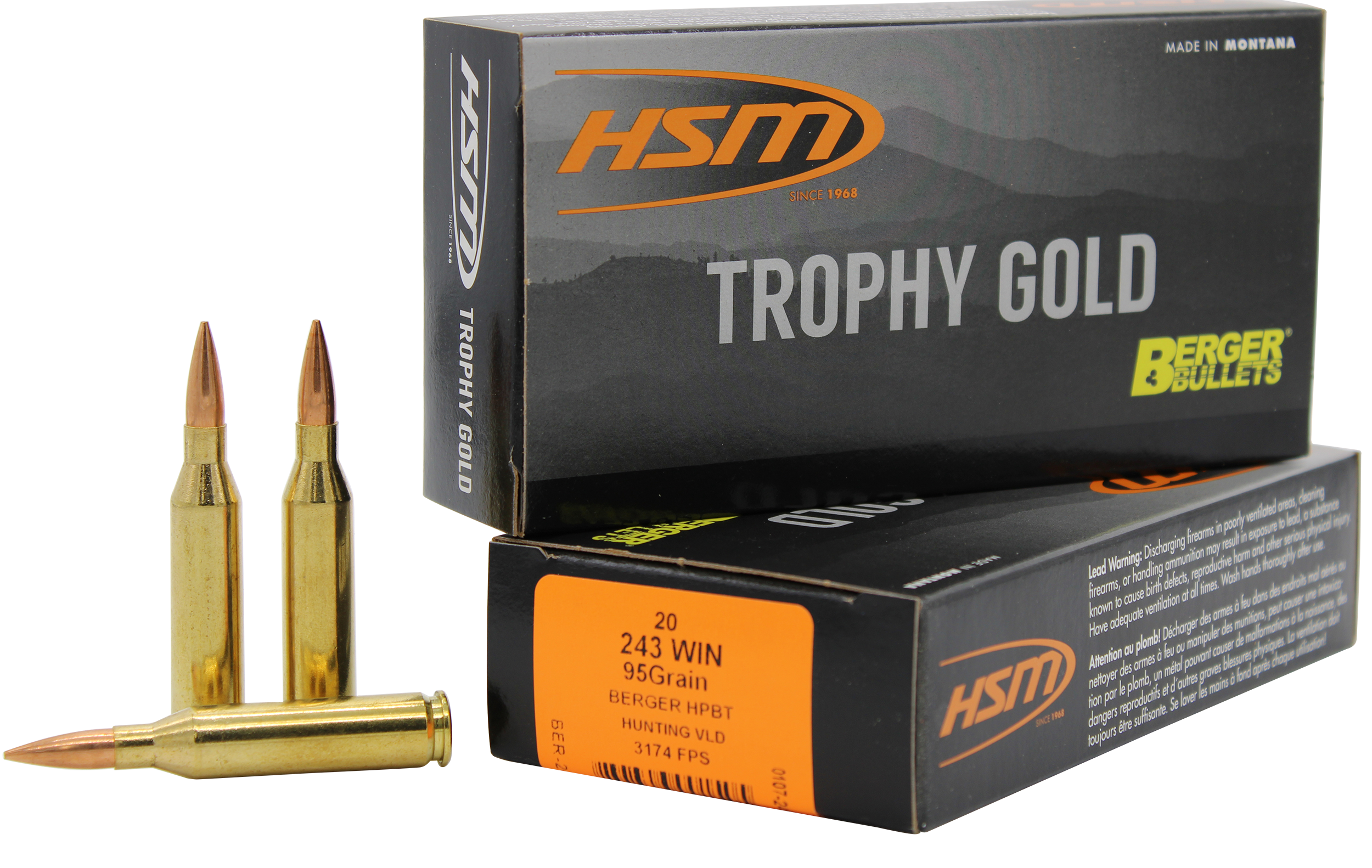 HSM Trophy Gold 243 Win 95gr Berger Hunting VLD Match 20 Rd - Box or Case