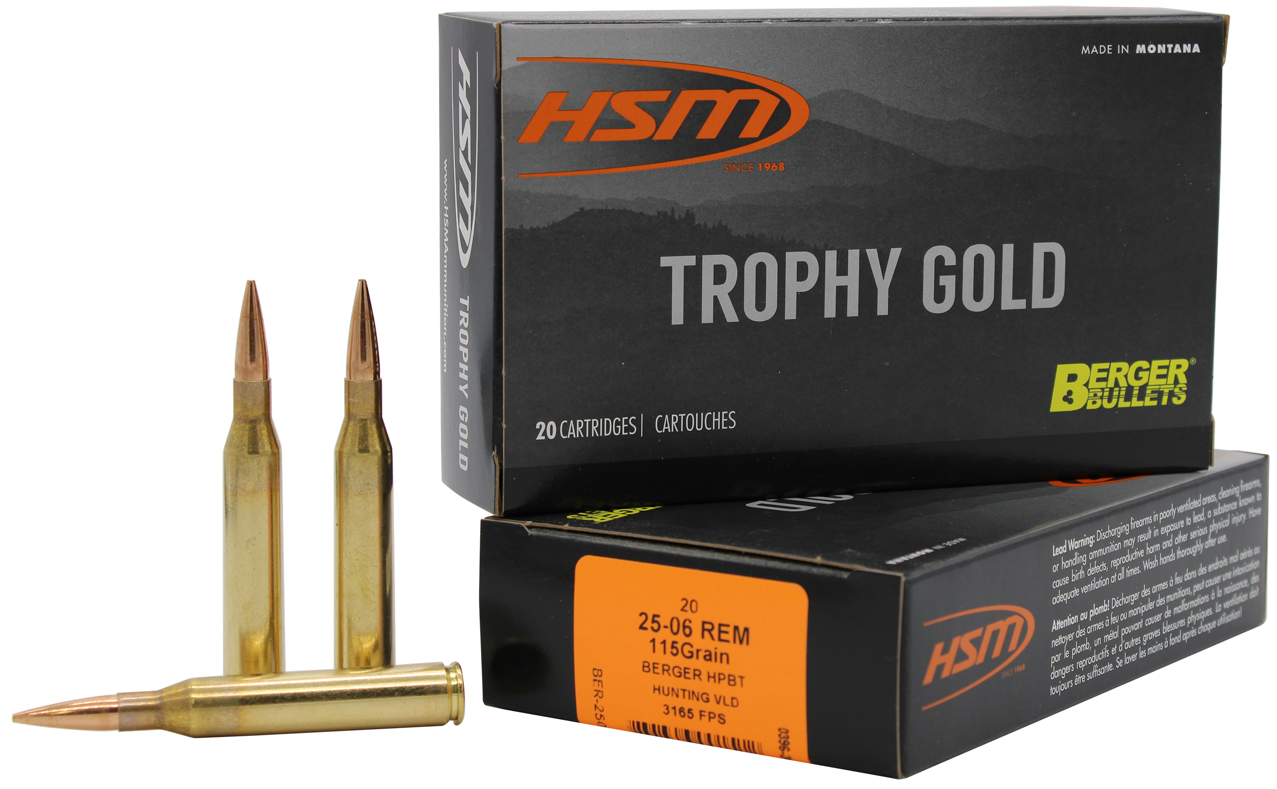 HSM Trophy Gold 25-06 Rem 115gr Berger Hunting VLD Match 20 Rd - Box or Case
