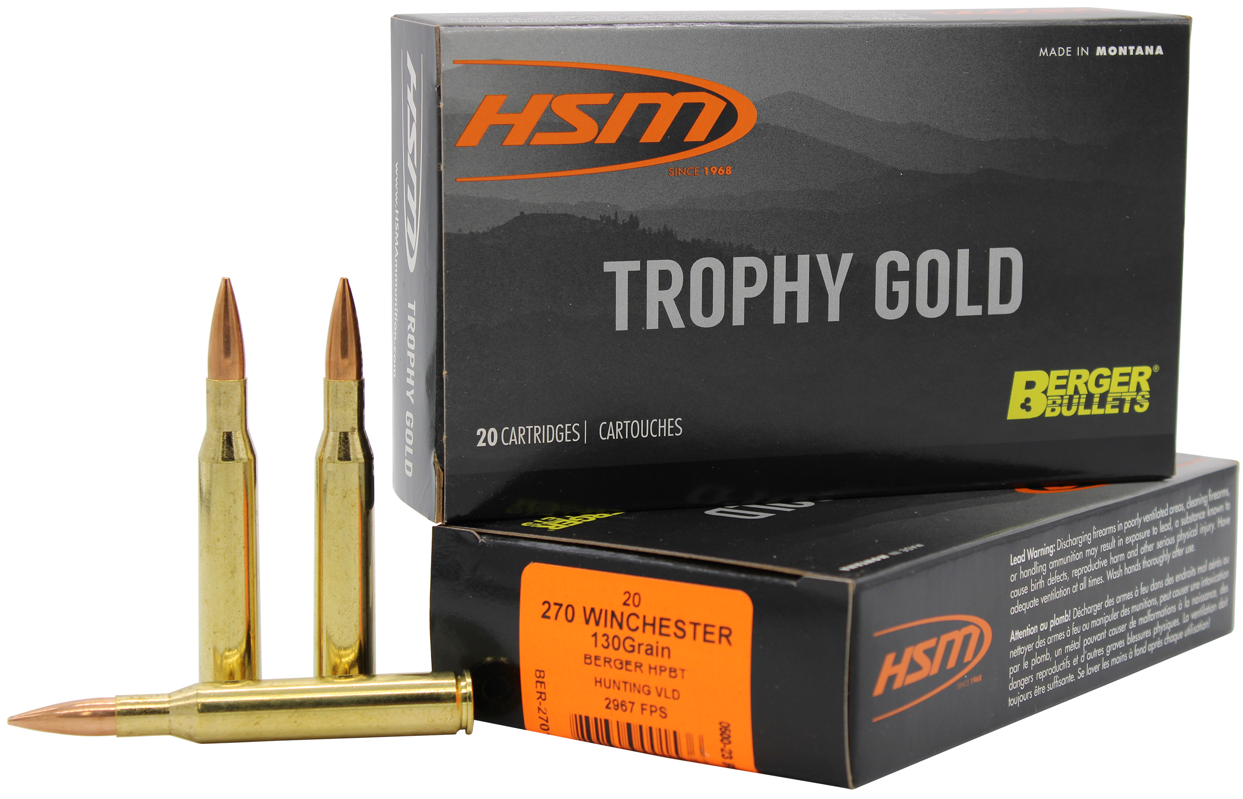 HSM Trophy Gold Extended Range 270 Win 130 gr Berger Hunting VLD Match 20 Rd - Box or Case
