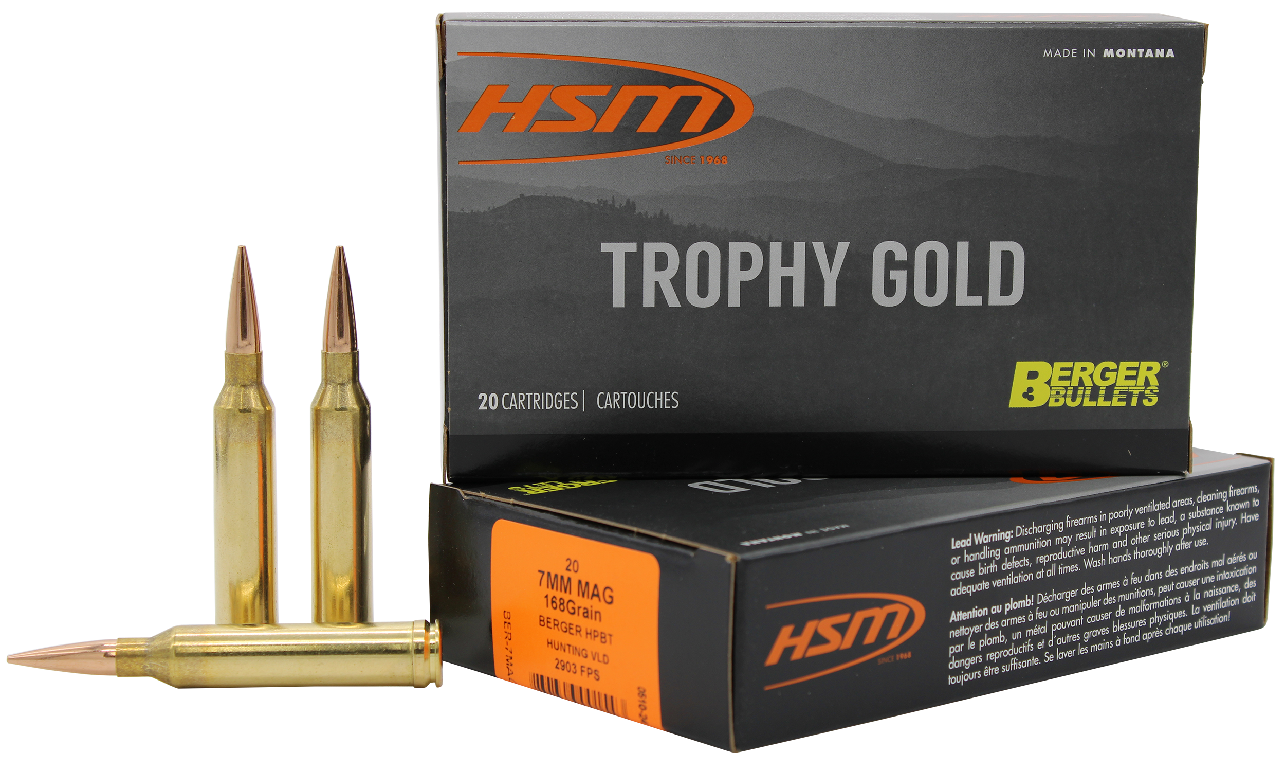 HSM Trophy Gold Extended Range 7mm Rem Mag 168 gr Berger Hunting VLD 20 Rd - Box or Case
