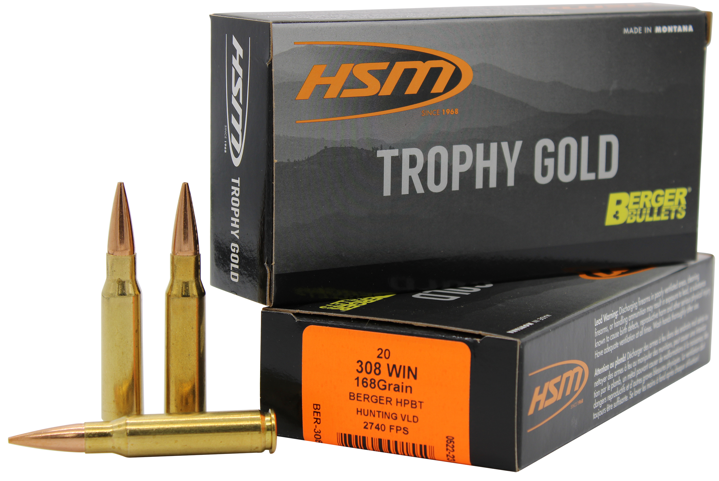 HSM Trophy Gold Extended Range 308 Win 168gr Berger Hunting VLD Match 20 Rd - Box or Case