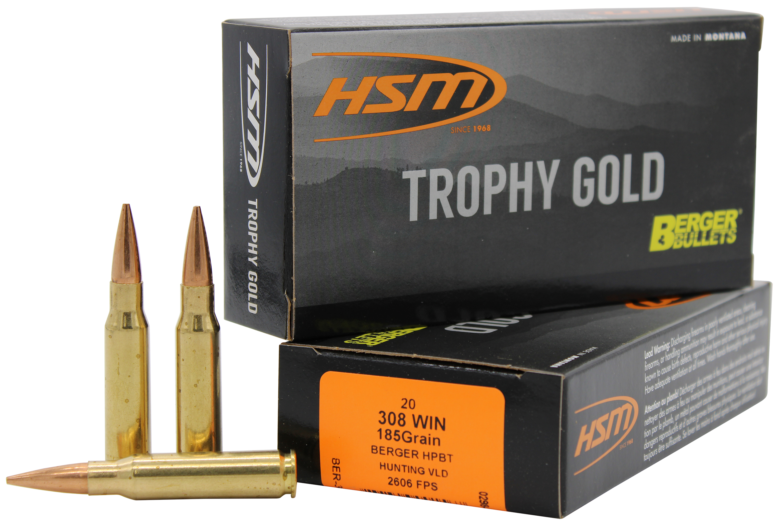HSM Trophy Gold Extended Range 308 Win 185gr Berger Hunting VLD 20 Rd - Box or Case