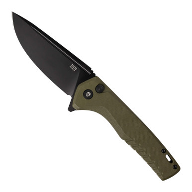 Tekto F3 Charlie Button Lock Folding OD Green G10 Handle D2 Drop Point Plain Black 3.8"
