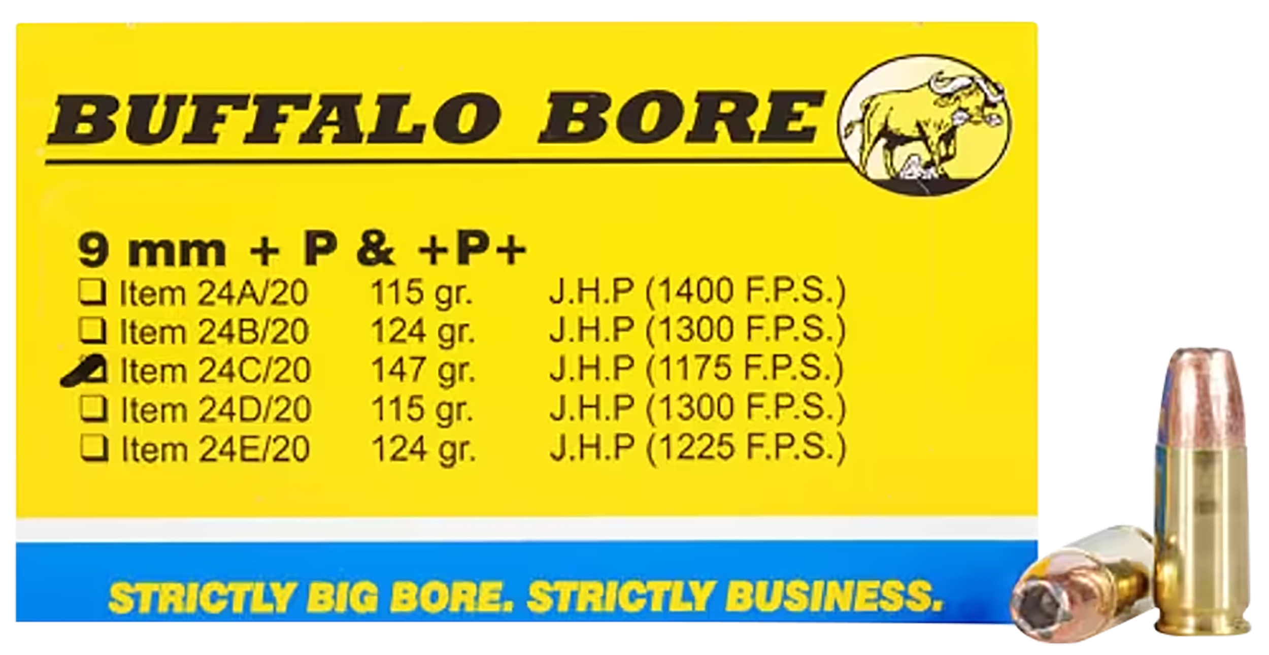 Buffalo Bore Ammunition Strictly Business Personal Defense 9mm Luger +P+ 147gr Jacketed Hollow Point 20 Rd Box - Box or Case