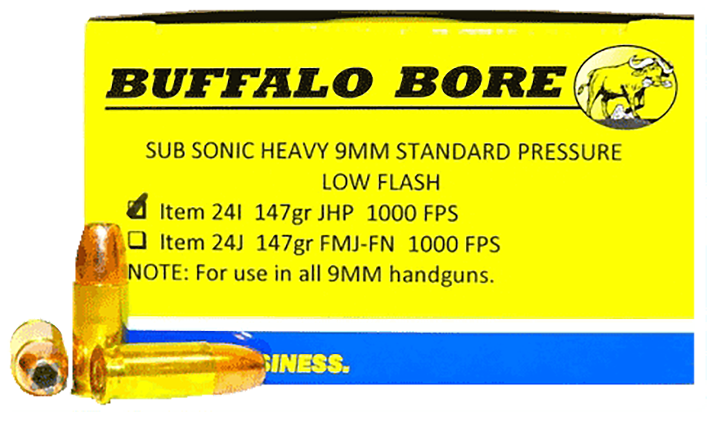 Buffalo Bore Ammunition Subsonic Strictly Business 9mm Luger 147gr Jacketed Hollow Point 20 Rd Box - Box or Case