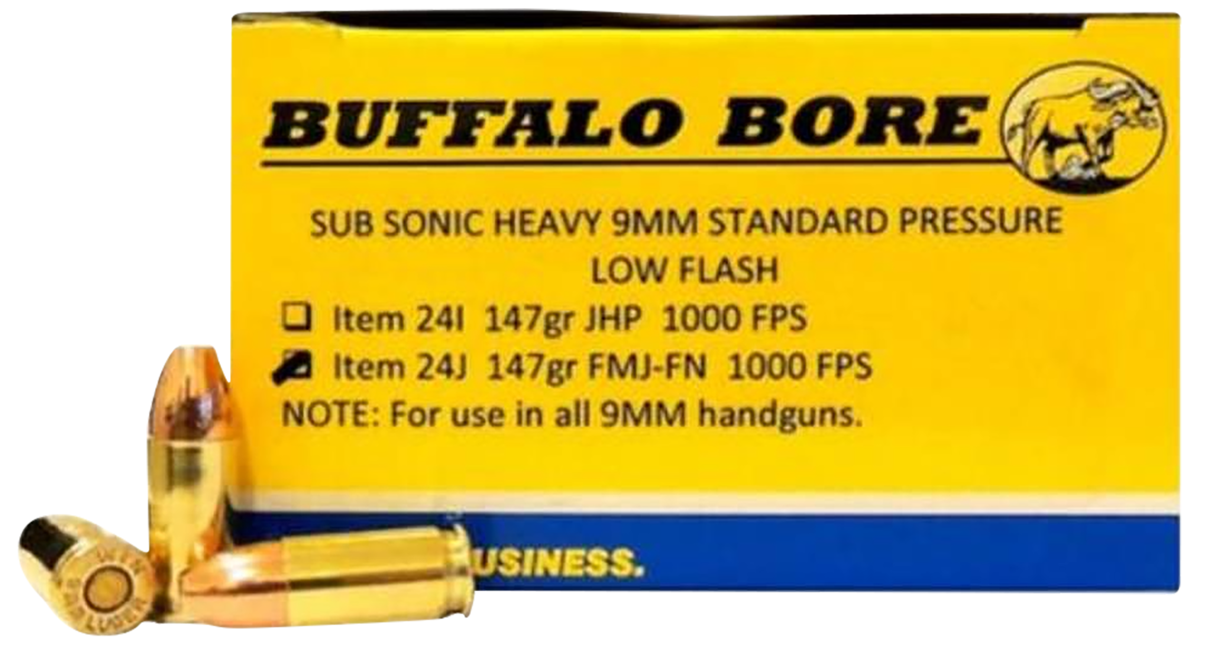 Buffalo Bore Ammunition Subsonic Strictly Business 9mm Luger 147gr Full Metal Jacket Flat Nose 20 Rd Box - Box or Case