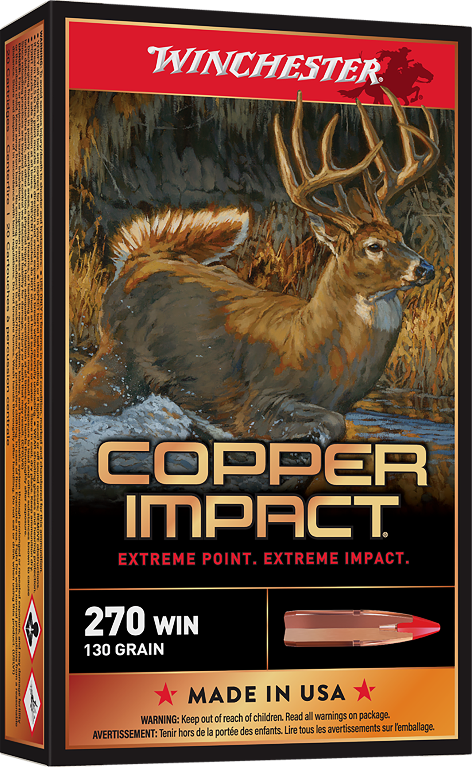 Winchester Deer Season Rifle Ammunition X270DSLF, 270 Win, Copper Extreme Point, 130 gr, 3000 fps, 20 Rd/Bx