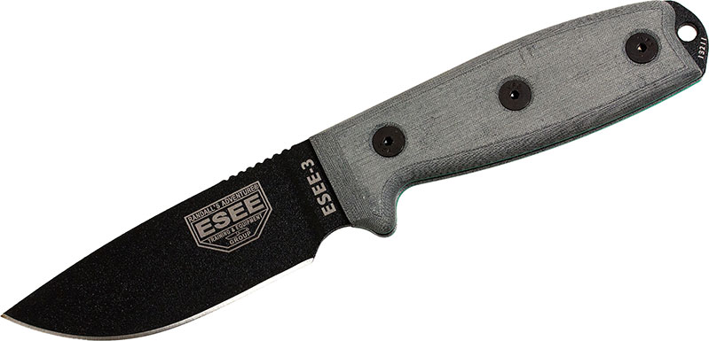 ESEE Knives ESEE-3 Fixed Blade Knife w/Black Blade, Modified Pommel, Coyote Brown Sheath (ESEE-3PM)
