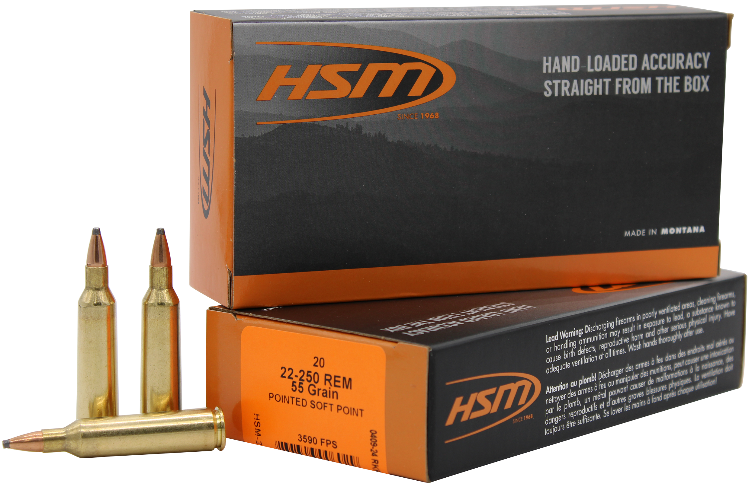 HSM Varmint Rifle Ammunition 222504N, 22-250 Rem, SP, 55 gr, 3590 fps, 20 Rd/Bx