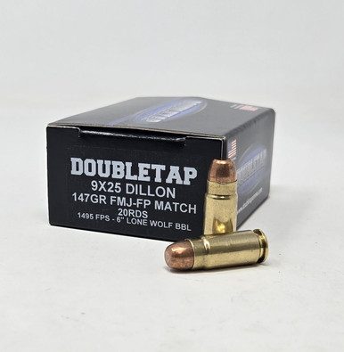 DoubleTap 9x25 Dillon Ammunition 9X25147FP 147 Grain Flat Point Full Metal Jacket 20 Rounds