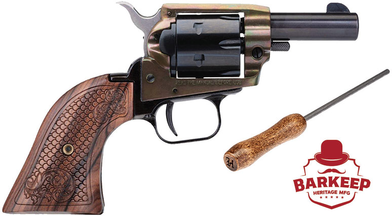 Heritage Barkeep Revolver BK22CH3WBRN10, 22 LR, 3", Wood Grip, Case Hardened Finish, 6 Rd