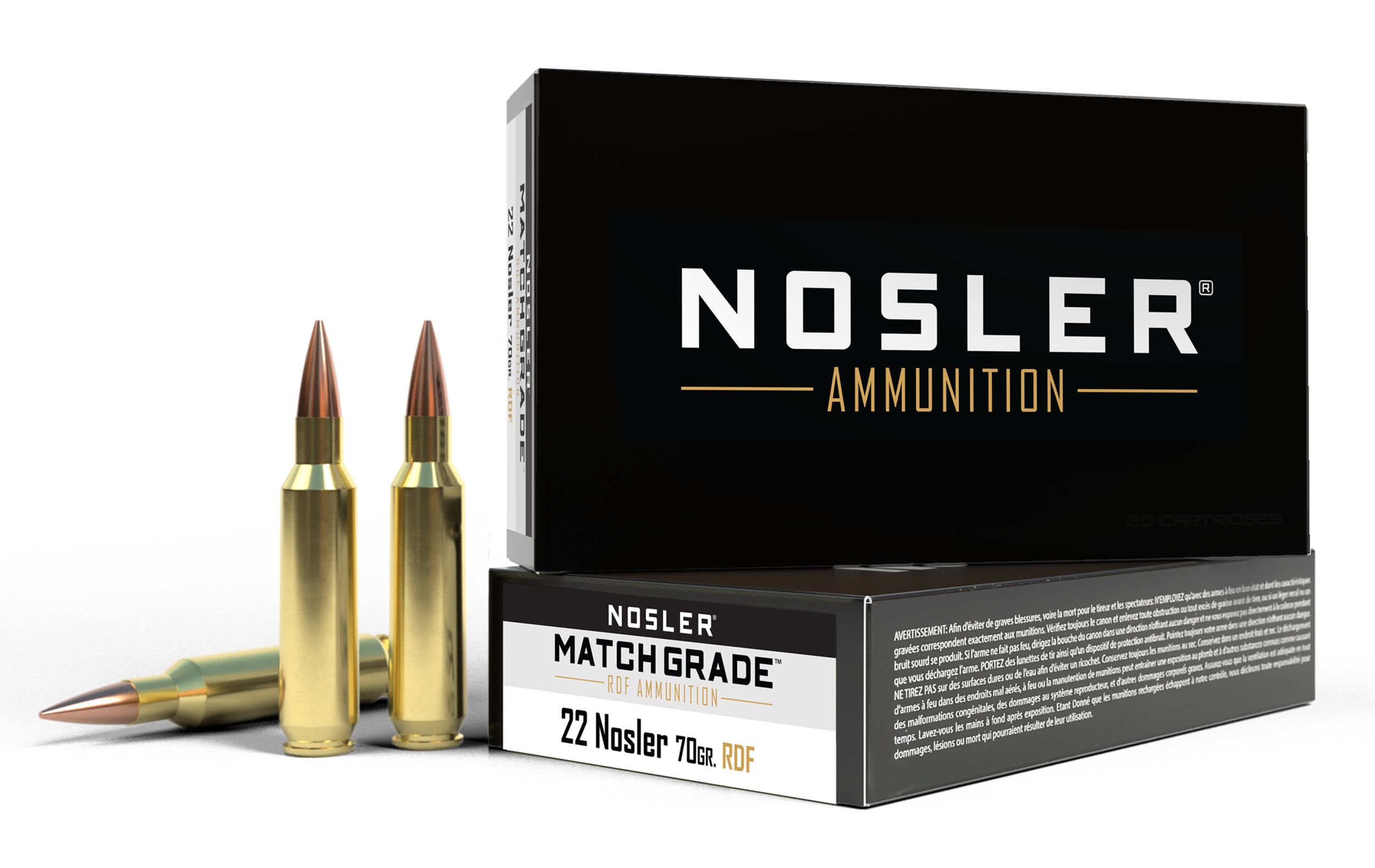 Nosler Match Grade Rifle Ammunition 60124, 22 Nosler, Hollow Point Boat Tail, 70 gr, 3000 fps, 20 Rd/Bx