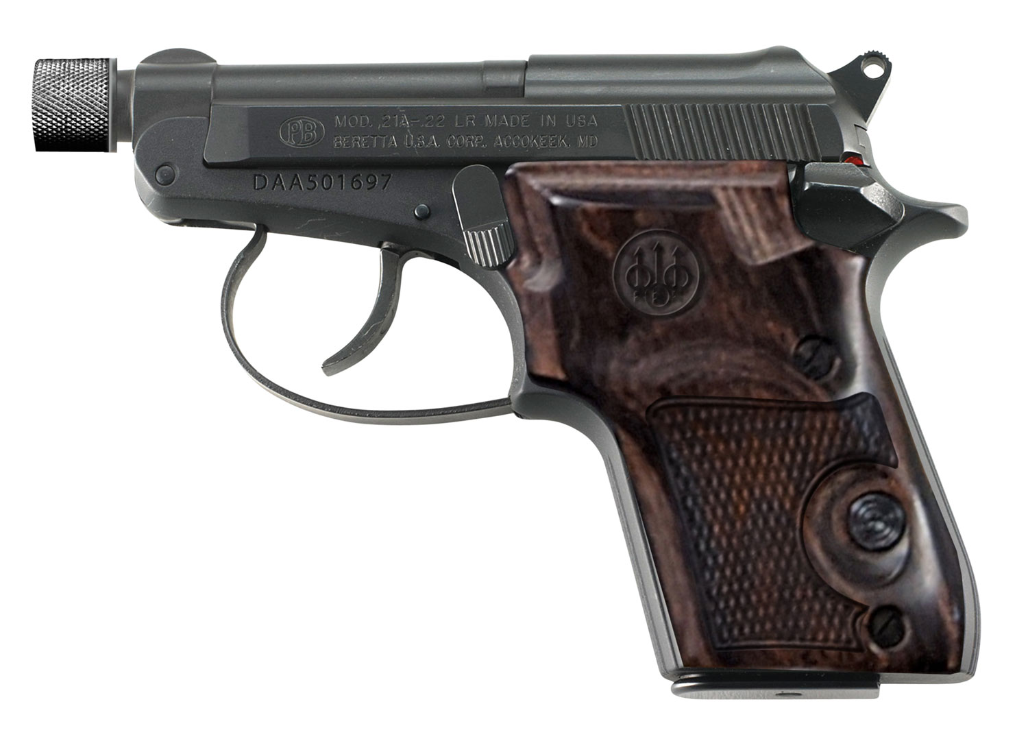Beretta 21A Bobcat Pistol J212125, 22 LR, 2.90", Walnut Grips, Black Finish, 7 Rds