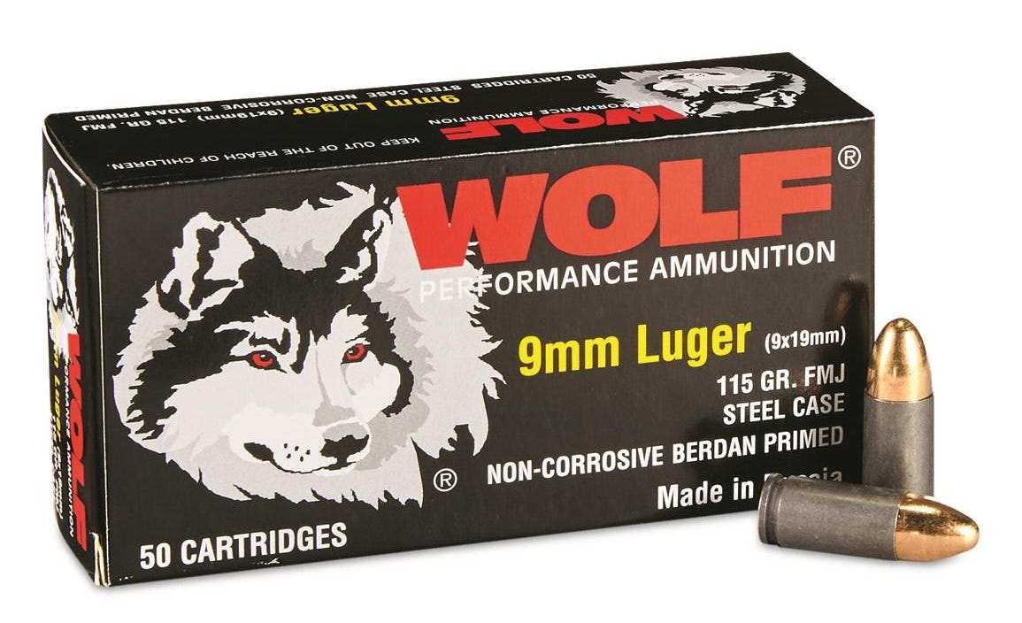 Wolf Performance 9mm Luger 115 Grain Full Metal Jacket(FMJ) Steel Case 1150 FPS