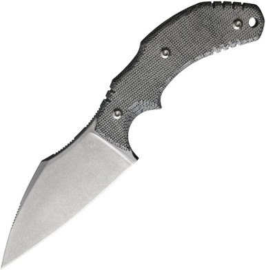 Bastinelli Creations The Foreigner Fixed Blade - 3.38" M390 Stonewashed Blade, Black Canvas Micarta Handles, Kydex Sheath