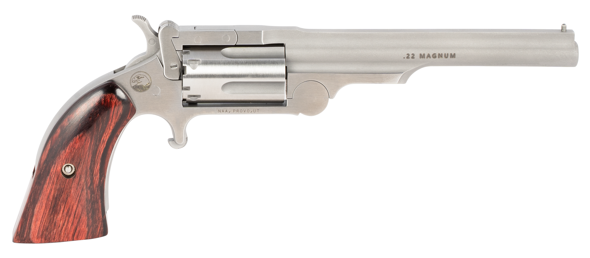 North American Ranger II Revolver 22MR4, 22 Mag, 4", Rosewood Boot Grip, Stainless Finish, 5 Rd