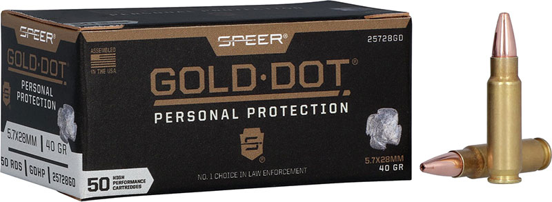 Speer Gold Dot Pistol Ammunition 25728GD, 5.7x28mm, Gold Dot HP, 40 GR, 1800 FPS, 50 Rds/Bx