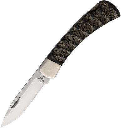 Buck 110 Folding Hunter Richlite - 3.75" S45VN Clip Point Blade, Scalloped Black Richlite Handle, Nickel Silver Bolster, Leather Sheath