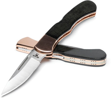 Buck 532 Legacy Collection Bucklock Folding Knife - 3" 154CM Drop Point Blade, File Worked Polished Copper Handles with Black Micarta Onlays, Leather Sheath - 13529