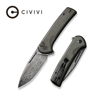 CIVIVI Conspirator Button Lock Flipper Knife - 3.48" Damascus Drop Point Blade, Dark Green Micarta Handles