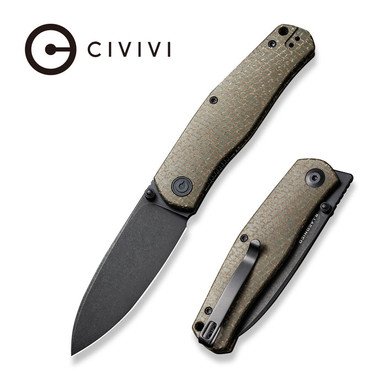 CIVIVI Knives Sokoke Front Flipper Knife - 3.35" 14C28N Black Stonewashed Drop Point Blade, Green Burlap Micarta Handles - C22007-2