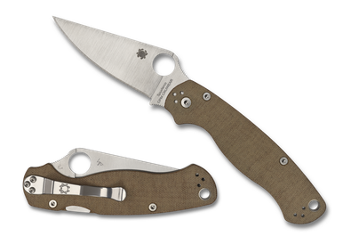 Spyderco Para Military 2 Folding Knife - 3.47" CruWear Satin Plain Blade, Brown Canvas Micarta Handles - C81MPCW2
