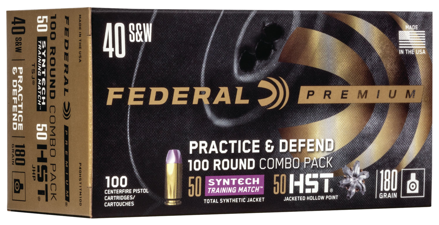 Federal Practice & Defend Pistol Ammunition P40HST1TM100, 40 S&W, HST/Synthetic, 180 gr, 1010 fps, 100 Rd/Bx