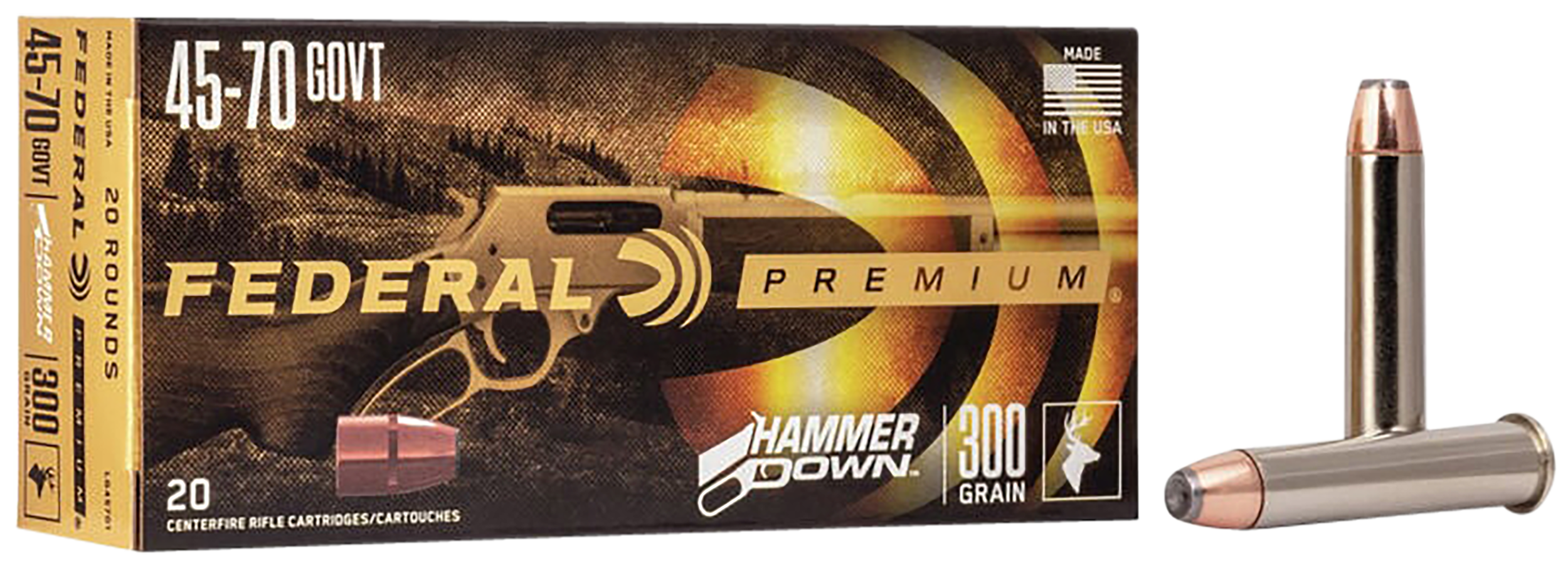 Federal Premium Hammer Down Rifle Ammunition LG45701, 45-70 Government, Bonded Soft Point, 300 GR, 1850 fps, 20 Rd/bx