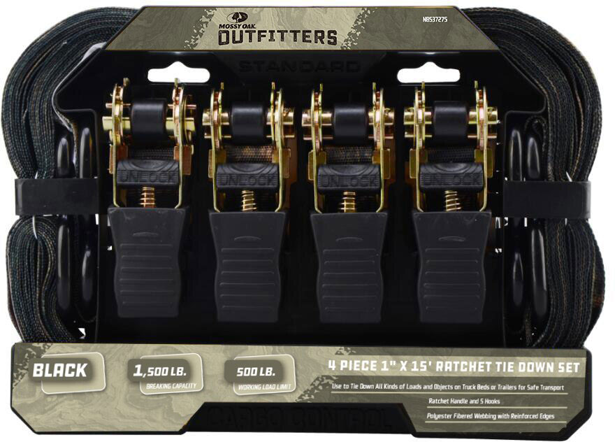 Mossy Oak Outfitters 4 Piece 1"x15' Black Ratchet Tie Down Set w/Rubber Grips, 1,500 lb limit (37275)