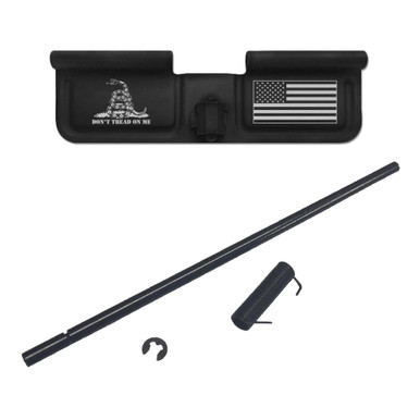 Bastion Don't Tread On Me AR-15 Ejection Port Dust Cover - Black/White Finish, Dont't Tread On Me/Gadsden Flag Laser Engraved On open Side Only, Fits Standard 223/556/6.8/6.5