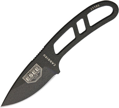 ESEE Knives Candiru EDC Fixed Blade - 2" 1095 Carbon Blade, Black Powder Coat, Black Molded Sheath with Clip Plate Attachment and Survival Kit