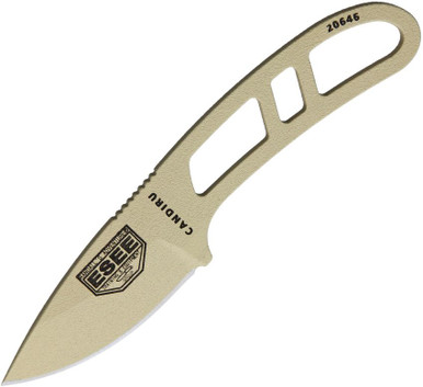 ESEE Knives Candiru EDC Fixed Blade - 2" 1095 Carbon Blade, Desert Tan Powder Coat, Black Molded Sheath with Clip Plate Attachment and Survival Kit