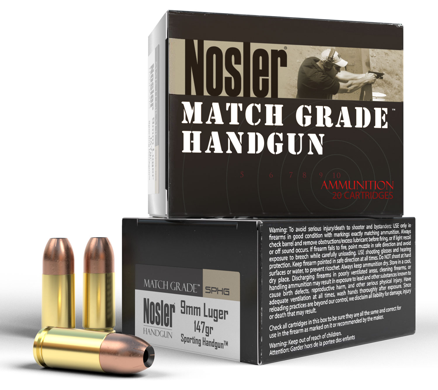 Nosler Match Grade Handgun Ammunition 51290, 9mm Luger, JHP, 147 Gr, 880 fps, 20 Rd/Bx