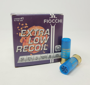 Fiocchi 12 Gauge Ammunition Extra Low Recoil FI1278OZ8 2-3/4" #8 Shot 7/8oz 1200fps 25 Rounds