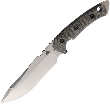 FOBOS Knives Tier 1-C Fixed Blade Knife - 6.45" CPM-3V Stonewashed Drop Point, Camo Canvas Micarta w/ White Liners, Leather Sheath